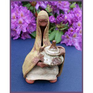 vintage David Kalderon clay statue woman holding pot - Israel